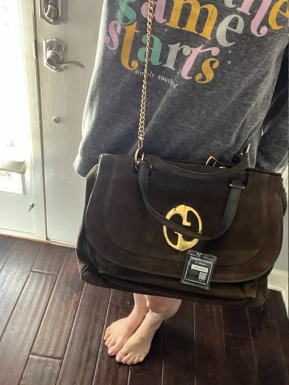 Gucci 1973 Large Brown Suede Top Handle Travel Tote Gold GG "Blondie" - Picture 15 of 15